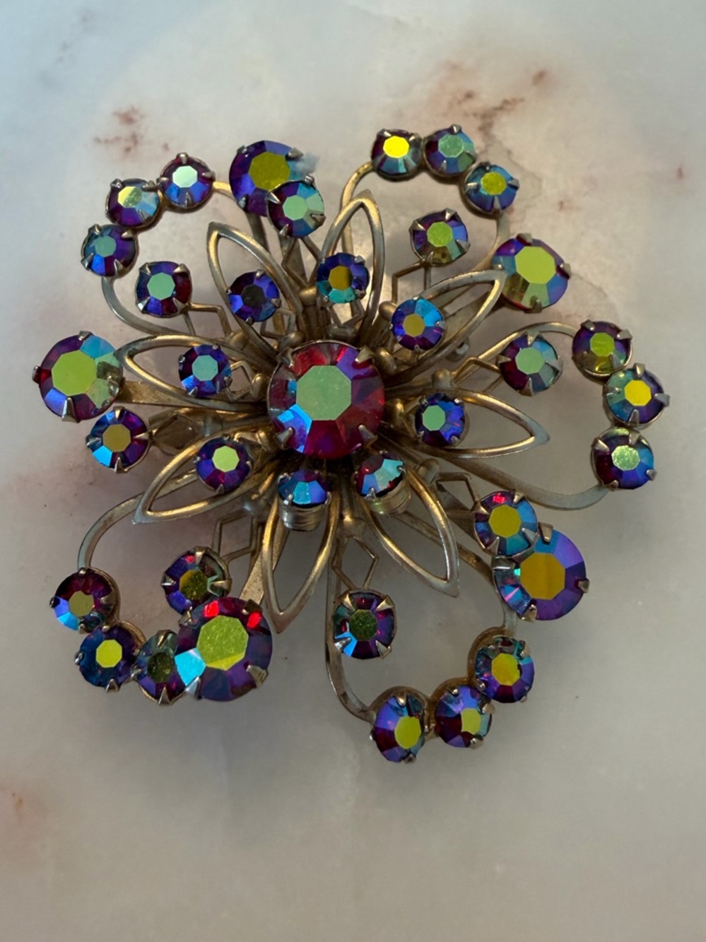 Vintage Aurora Borealis Gold Tone Rhinestone Brooch Pin 2”
